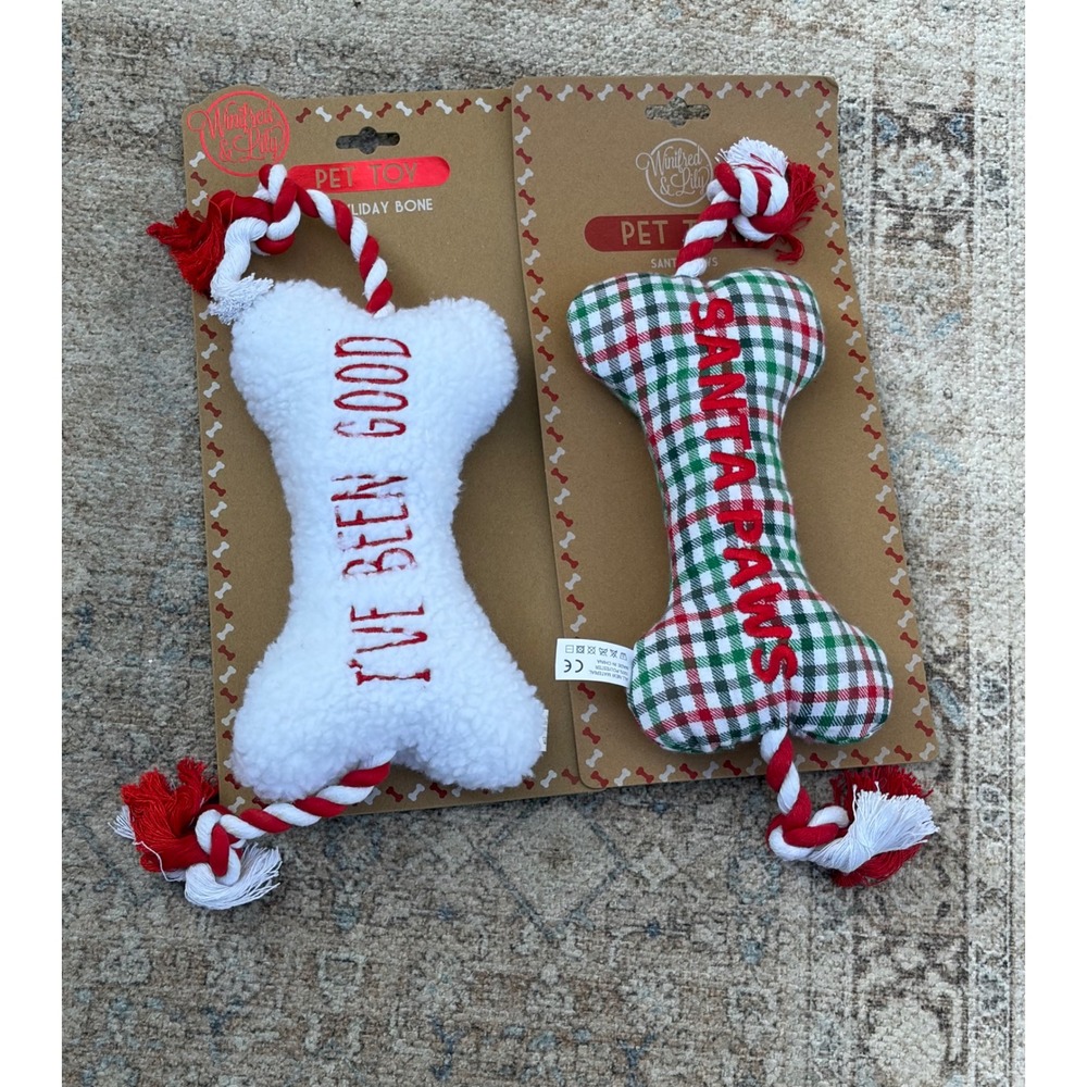Winifred & Lily Christmas Dog Toy Set 2pk Santa Paws I've Been Good Bone Rope - Picture 4 of 5